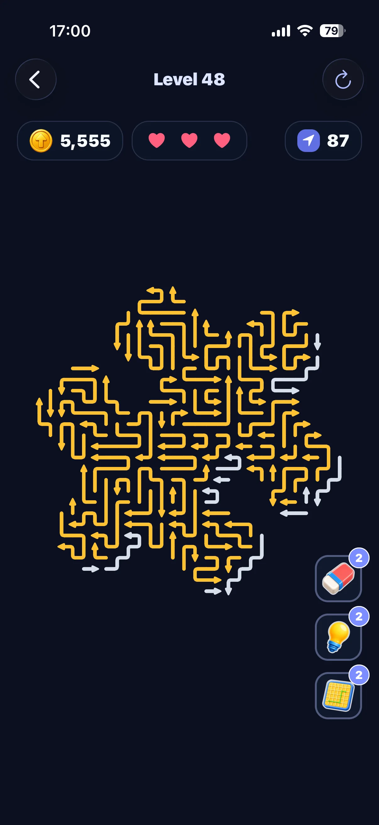 Arrow Puzzle level 48 with a yellow arrow-shaped logic maze