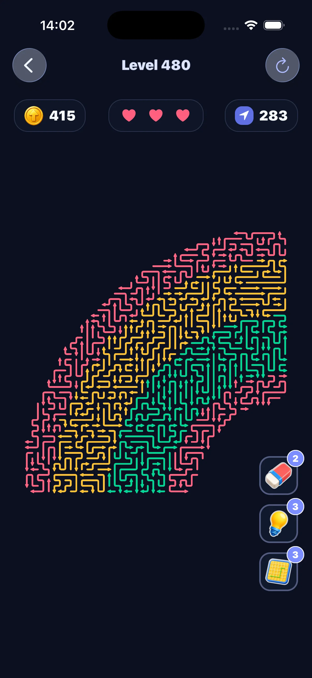 Arrow Puzzle level 480 with a dense multicolor rainbow board