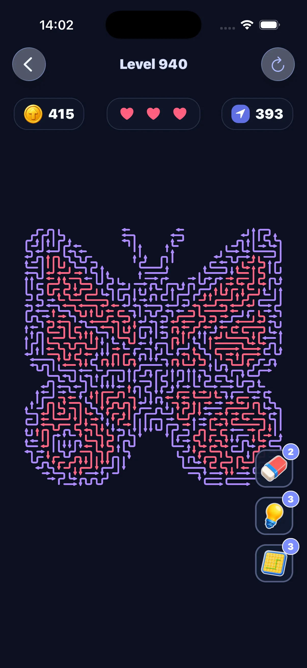 Arrow Puzzle level 940 with a complex purple butterfly board
